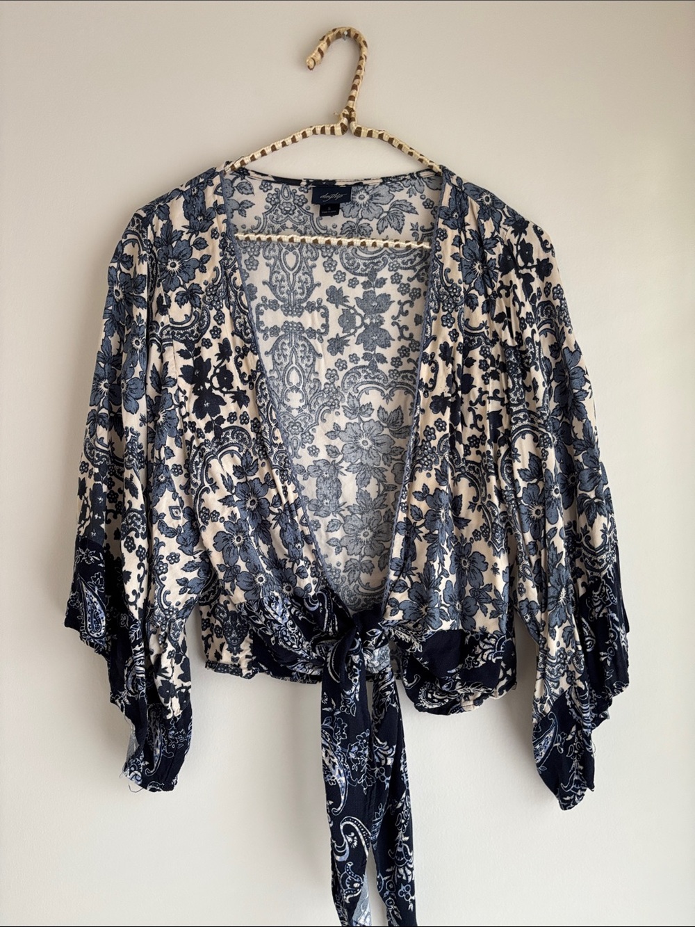 Daytrip Blue and Cream Paisley Tie-Front Kimono Top